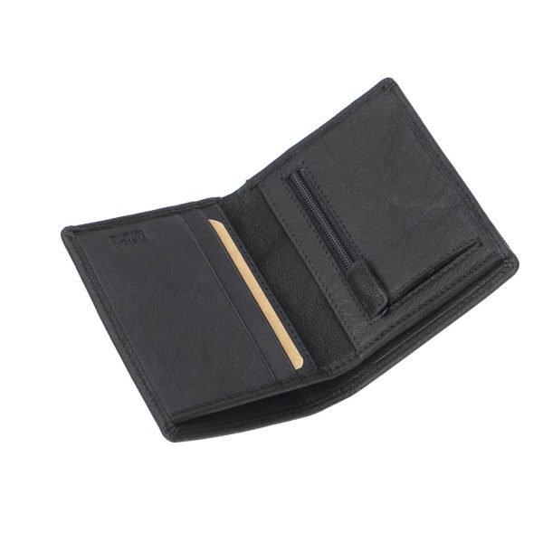 Open black leather wallet with coin pocket and credit card slots. Wholesale.