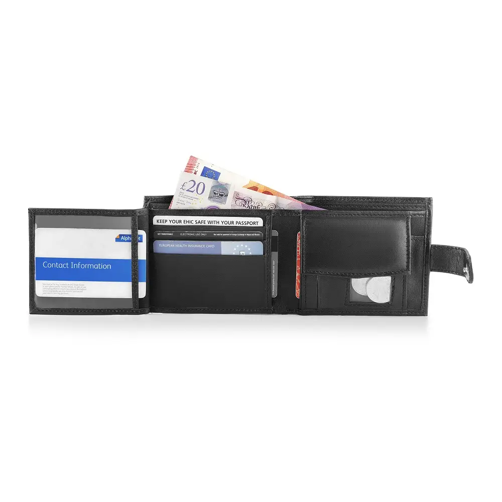 Organised interior view of Basic Wallet Style 99 showing card slots, note section, and coin pocket in genuine leather