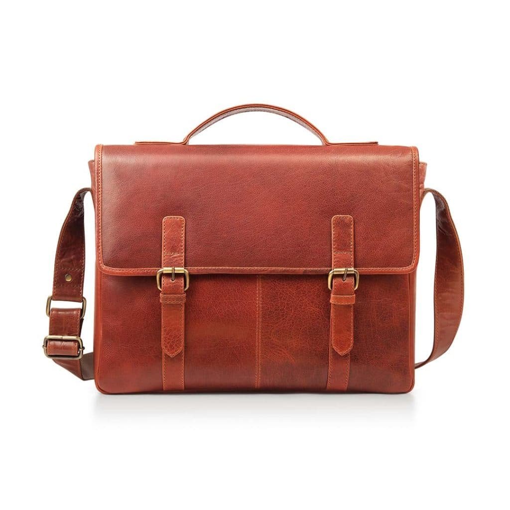 Brown leather briefcase with shoulder strap