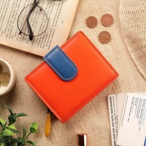 an orange wallet with a blue leather tab