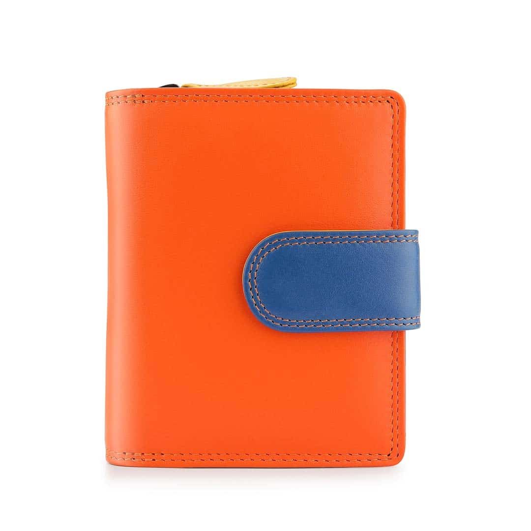 an orange wallet with a blue tab on a white background