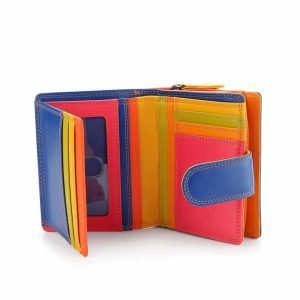 a wallet is open to show various card slots. the wallet is multi coloured on the inside