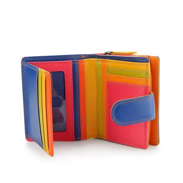 a wallet is open to show various card slots. the wallet is multi coloured on the inside