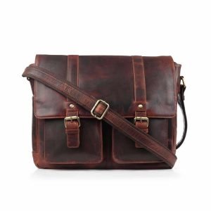 Wholesale Brown leather messenger bag for men with front buckles