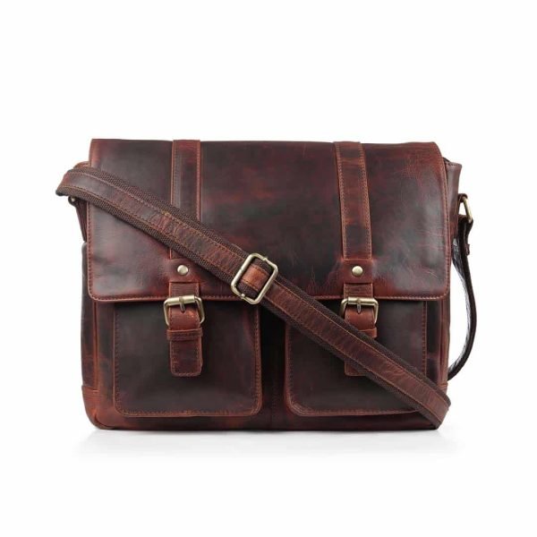 Wholesale Brown leather messenger bag for men with front buckles