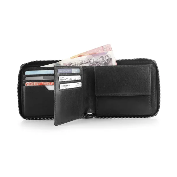 Interior of black zip-around wallet - Alperto 4257. Features card slots, note sections, and a buttoned coin pocket, holding cards and banknotes.