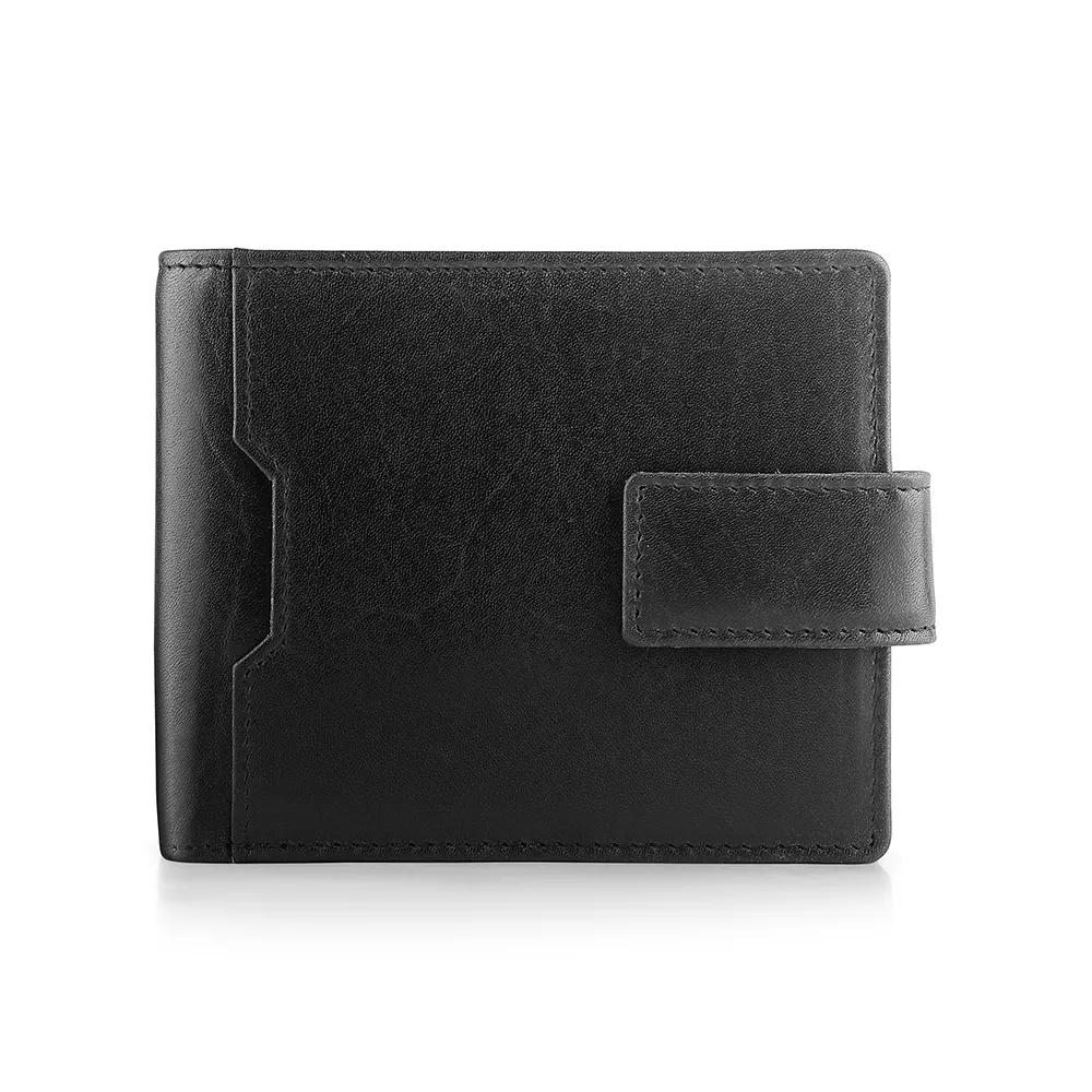 Black trifold cardholder wallet for men - Alperto 4269. Luxury oiled leather wallet with tab button closure and a distressed finish.