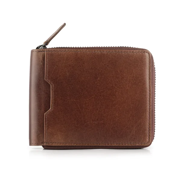 Brown leather zip-around wallet for men - Alperto 4257. Genuine leather wallet with a compact design and secure zip closure.