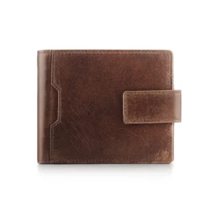 Brown trifold cardholder wallet for men - Alperto 4269. Luxury oiled leather wallet with tab button closure and a distressed finish.