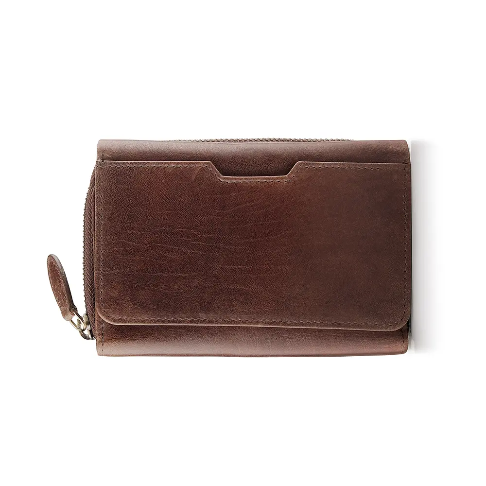 Detailed front view of the brown zip-around leather purse, highlighting the premium leather texture and elegant stitching.