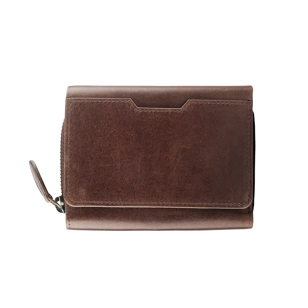 Medium brown Trifold Leather Purse - Anya 25713, featuring premium craftsmanship and elegant stitching, laid flat to showcase the smooth finish.