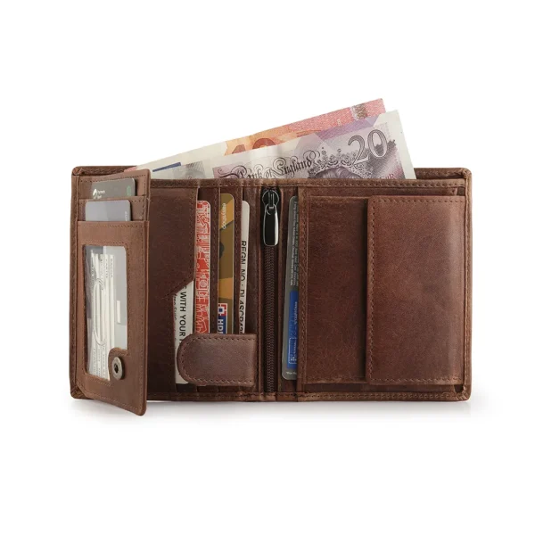 Compact brown leather wallet with note and card sections