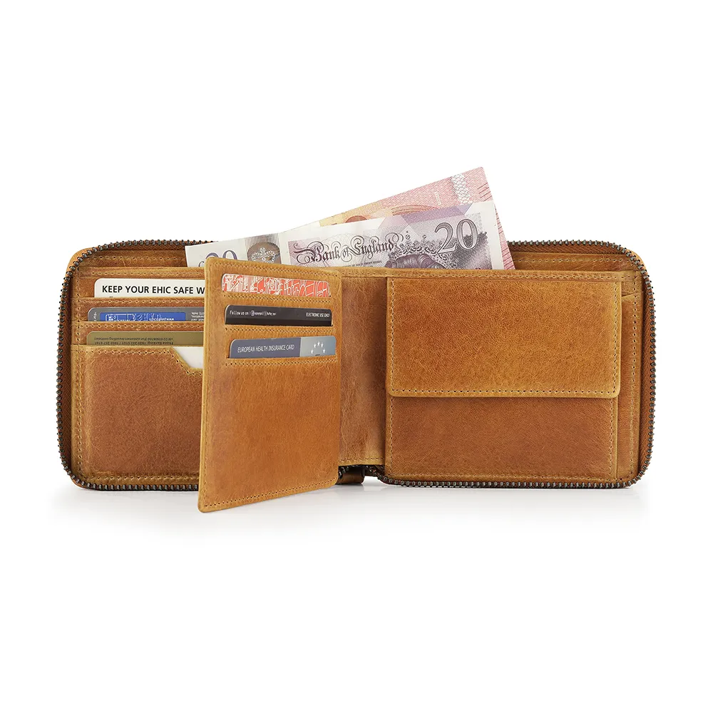 Interior of tan zip-around wallet - Alperto 4257. Features card slots, note sections, and a buttoned coin pocket, holding cards and banknotes.