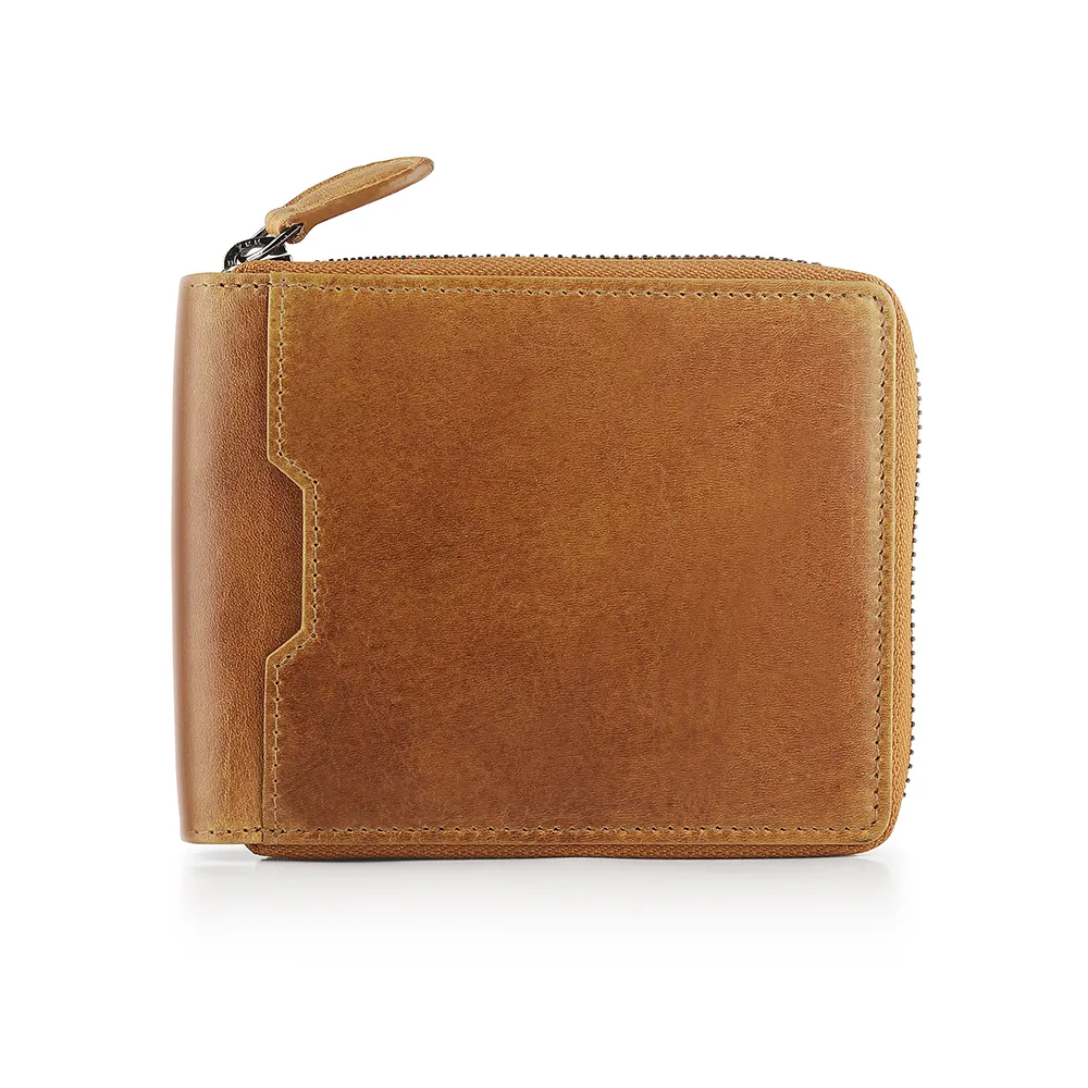 Tan leather zip-around wallet for men - Alperto 4257. Genuine leather wallet with a compact design and secure zip closure.