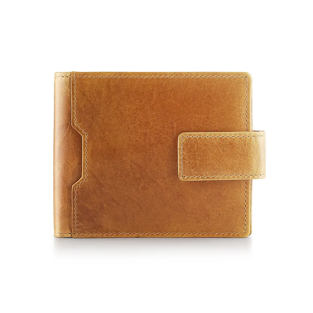 Tan trifold cardholder wallet for men - Alperto 4269. Luxury oiled leather wallet with tab button closure and a distressed finish.