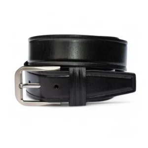 Side view of a black leather belt with a silver buckle, showing the thickness and high-quality leather texture.