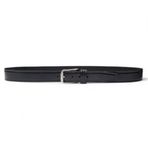 Full-length view of a black leather belt, laid flat to display the multiple adjustment holes and detailed edges.