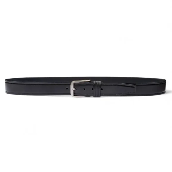 Full-length view of a black leather belt, laid flat to display the multiple adjustment holes and detailed edges.