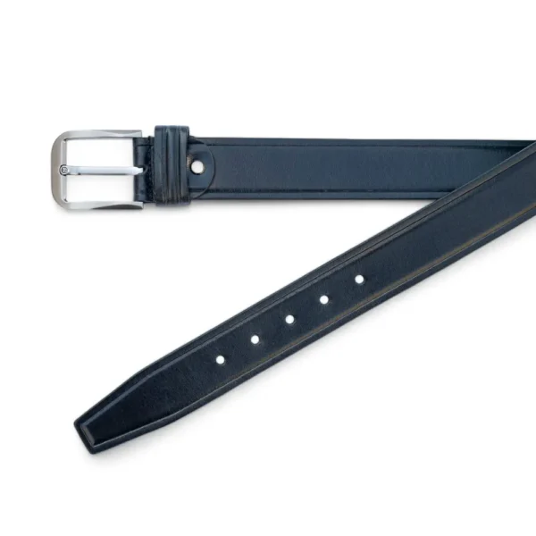 Close-up of a men's black leather belt with a silver buckle, showing the fine stitching and smooth finish.