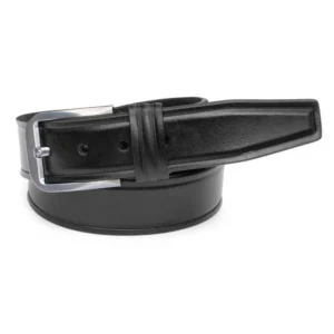 Men's Black leather belt with a silver buckle, neatly rolled and displayed on a white background.