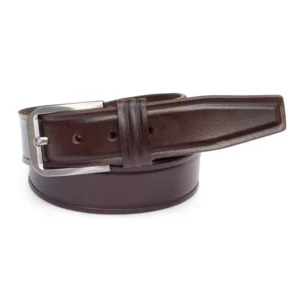 Men's Brown leather belt with a silver buckle, neatly rolled and displayed on a white background.