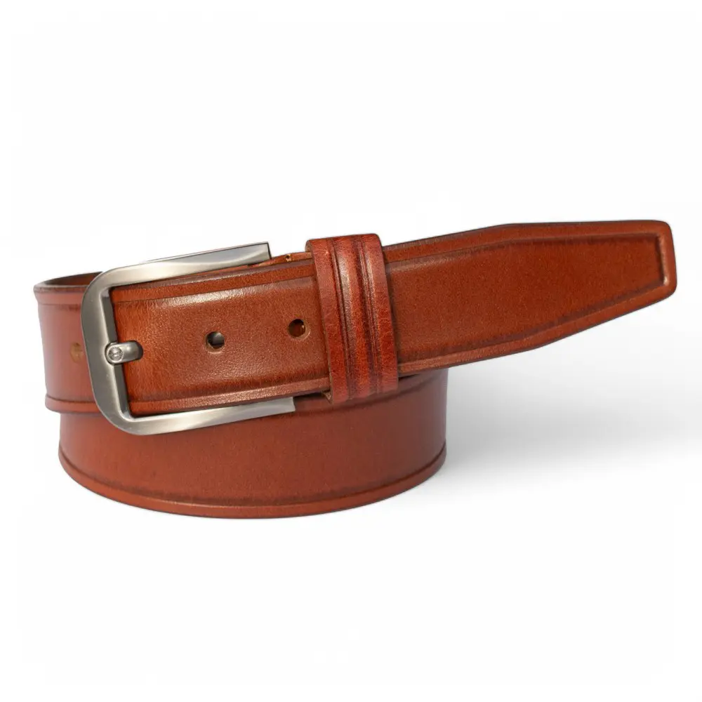 Men's tan leather belt with a silver buckle, neatly rolled and displayed on a white background.