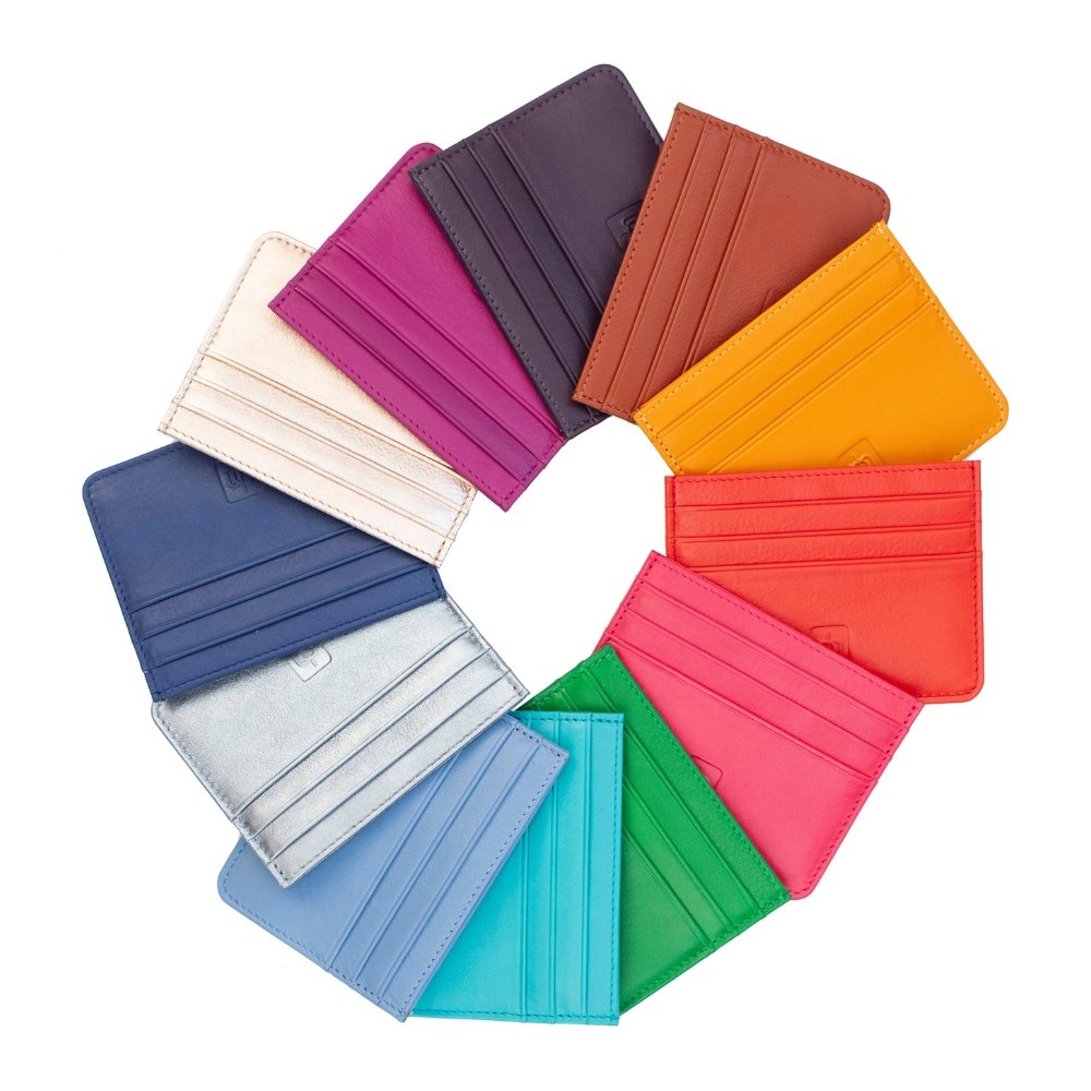 Set of colorful Coin Purse Style leather card holders with RFID protection and multiple slots