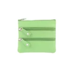 Front view of Coin Purse Style 1751 in green with 3 zipped coin pockets and key fob