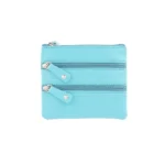 Front view of Coin Purse Style 1751 in turquoise with 3 zipped coin pockets and key fob