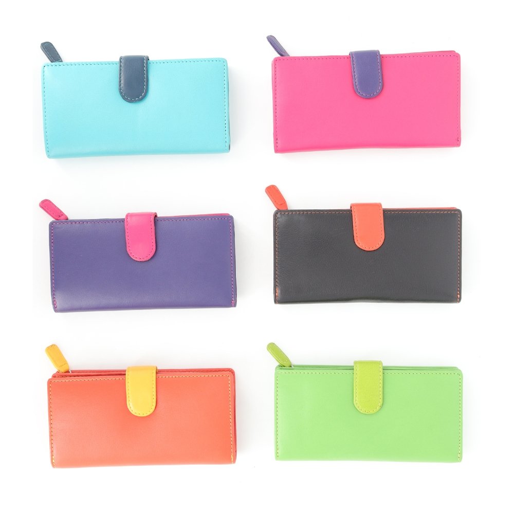 Pack of 12 – Multicolour RFID Secure Bifold Leather Card Holders 16082 Group shot of Pack of 12 multicolour RFID Secure bifold leather card holders with tab fastener and zipped coin pocket