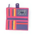 Open View – Multicolour RFID Secure Bifold Leather Card Holders 16082 Open view of multicolour RFID Secure bifold leather card holders showing 16 card slots, ID window, note compartments, and zipped coin pocket