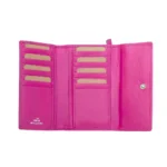 Open view of berry RFID Secure trifold leather card holder showing 16 card slots and multiple pouch pockets