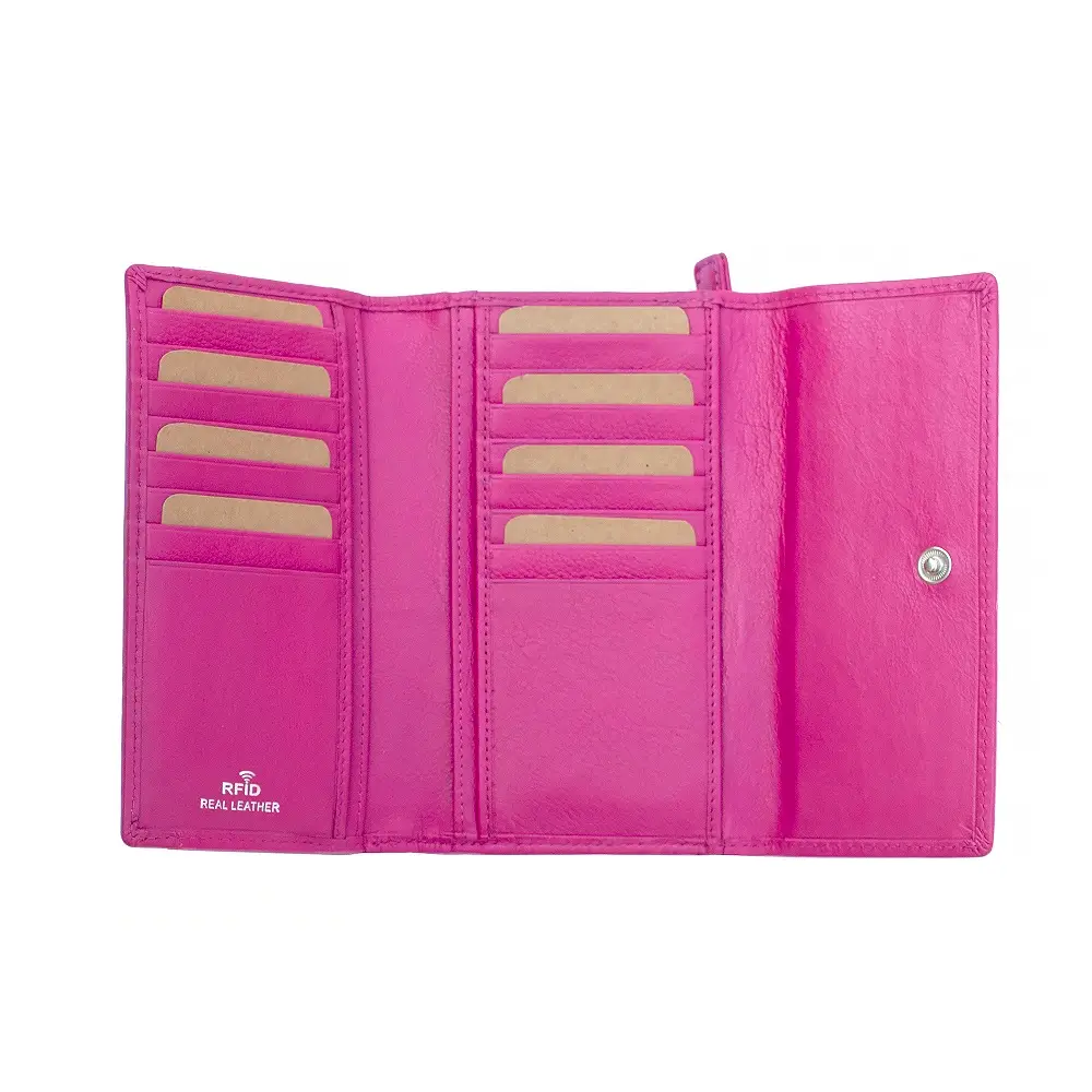 Open view of berry RFID Secure trifold leather card holder showing 16 card slots and multiple pouch pockets