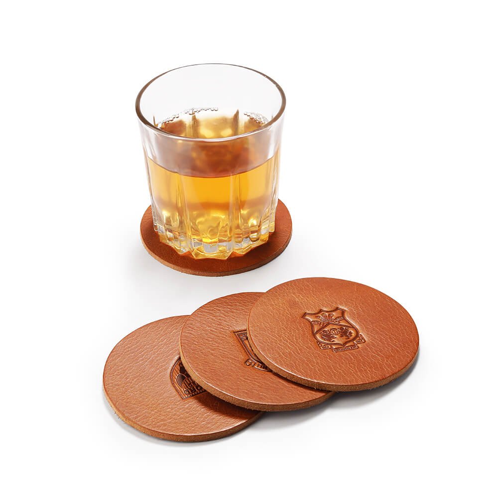 Tan leather coaster with custom embossing UK Made