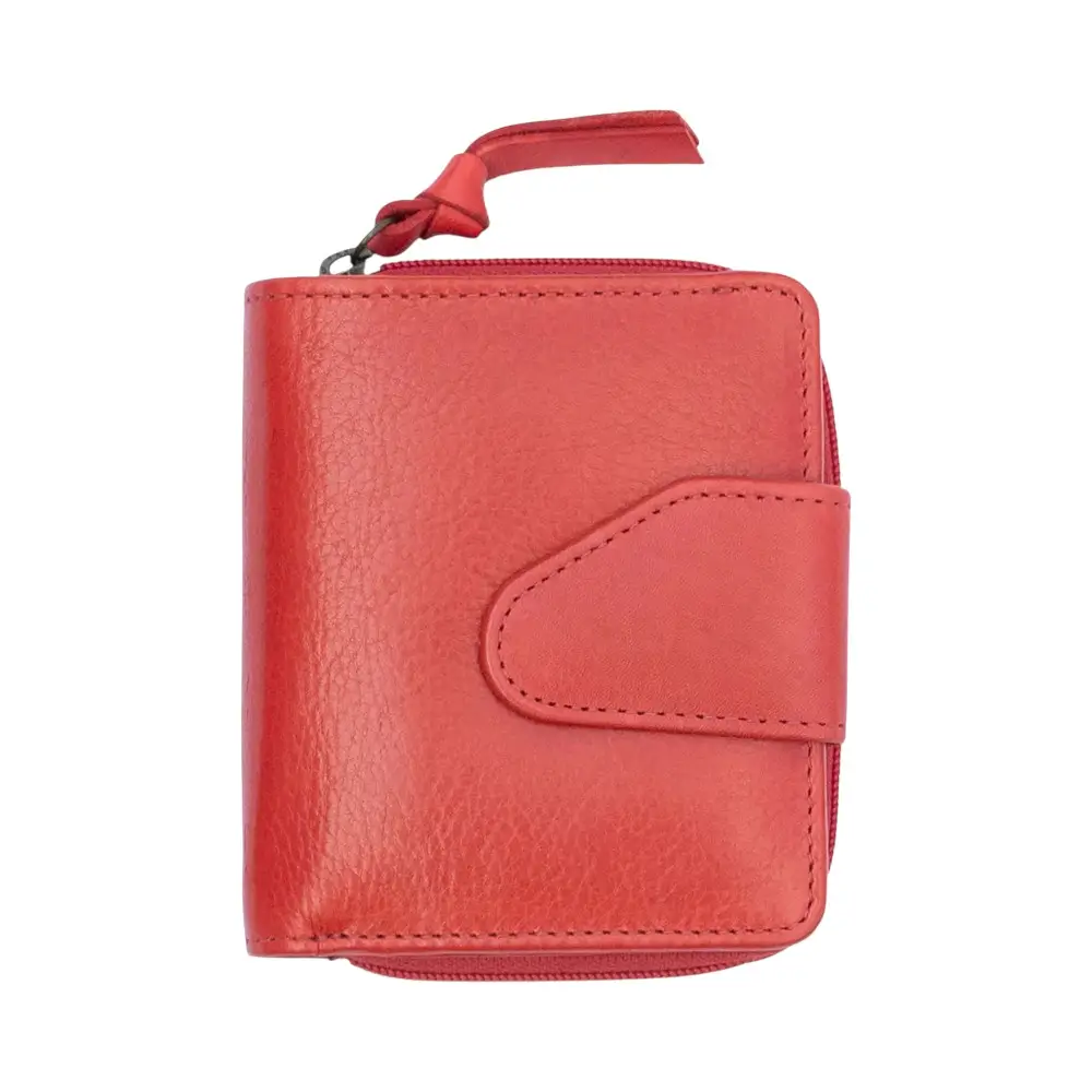 Front view of Washed Cancun Small Bifold Purse Gabriela 1252 in red made from genuine real leather with a compact bifold design.