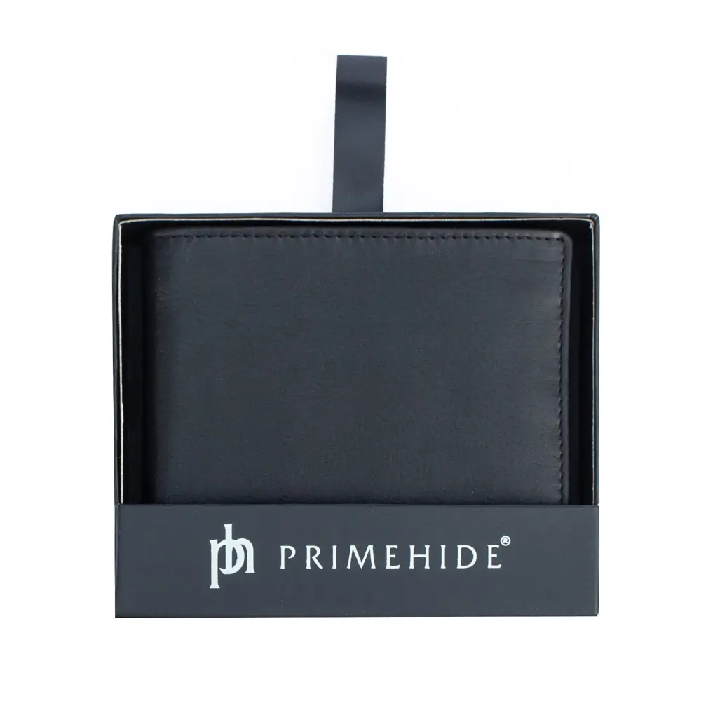 Black genuine leather RFID wallet with a sleek, classic front design.