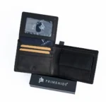 Inside view of black leather RFID wallet showing card slots, ID window, and coin pocket.