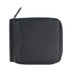 Front view of the black men’s RFID zip-around oily pull up leather wallet showcasing its smooth finish and compact design.