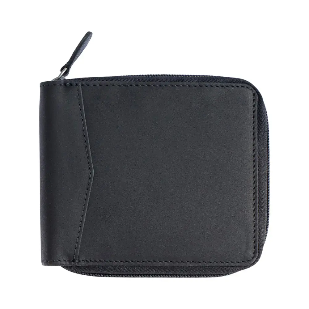 Front view of the black men’s RFID zip-around oily pull up leather wallet showcasing its smooth finish and compact design.