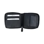 Organised view of the black RFID zip-around leather wallet neatly filled with cards, coins, and notes to demonstrate its storage capacity.
