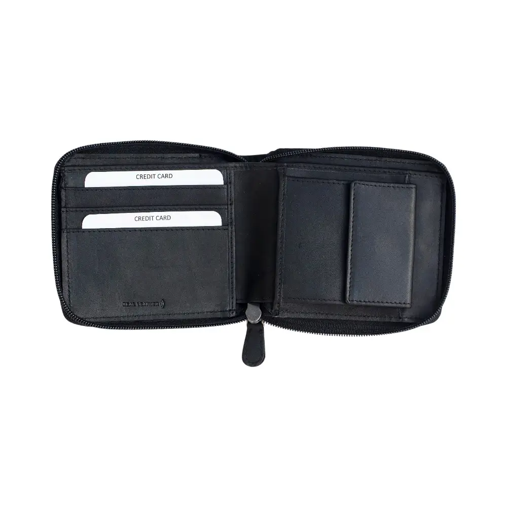 Organised view of the black RFID zip-around leather wallet neatly filled with cards, coins, and notes to demonstrate its storage capacity.