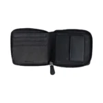 Open view of the black men’s RFID zip-around leather wallet displaying multiple card slots, note compartments, and a coin pocket.