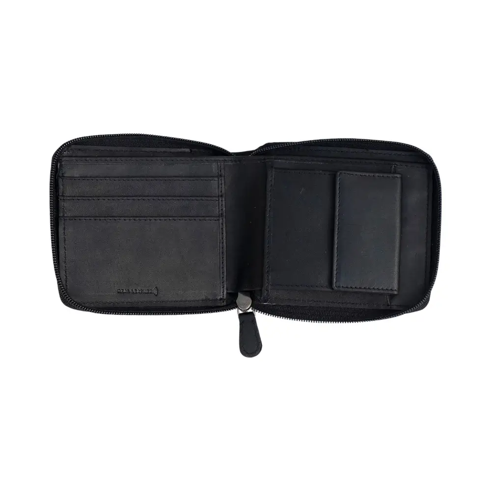 Open view of the black men’s RFID zip-around leather wallet displaying multiple card slots, note compartments, and a coin pocket.