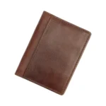 Front view of the brown men’s leather RFID bifold cardholder wallet showing its sleek and compact design.