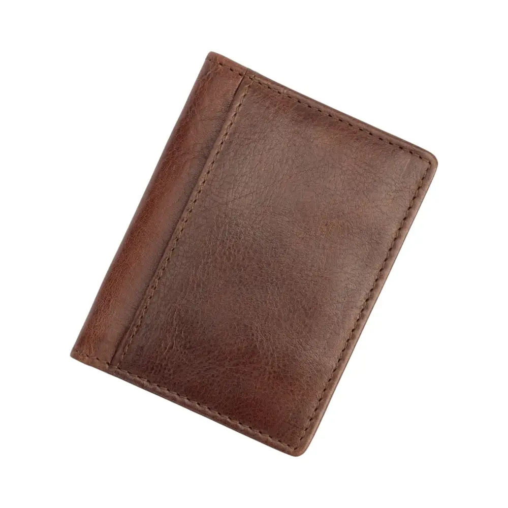 Front view of the brown men’s leather RFID bifold cardholder wallet showing its sleek and compact design.