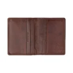 Open view of the brown men’s leather RFID bifold cardholder wallet displaying multiple card slots and inner compartments.