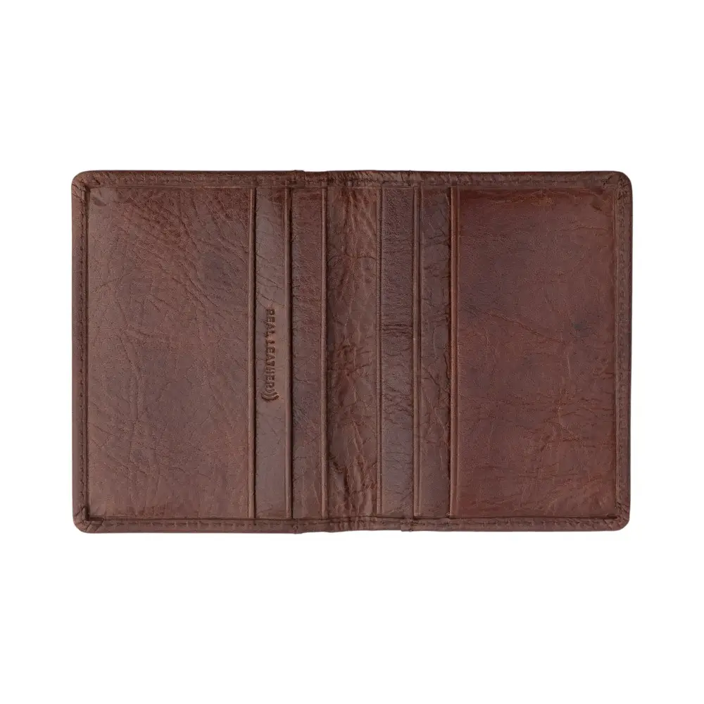 Open view of the brown men’s leather RFID bifold cardholder wallet displaying multiple card slots and inner compartments.