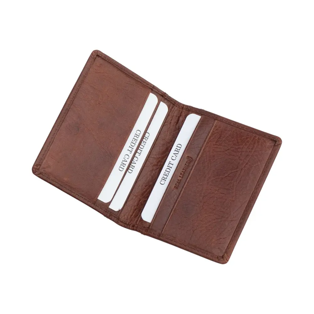 Organised view of the brown leather RFID bifold wallet neatly filled with cards to show its storage capacity.