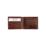 Organised view of the brown leather RFID bifold wallet neatly filled with cards, coins, and notes to display its storage capacity.