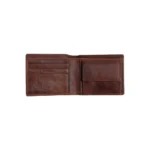 Open view of the brown men’s leather RFID bifold wallet showing multiple card slots, a note section, and a coin pocket with press stud.